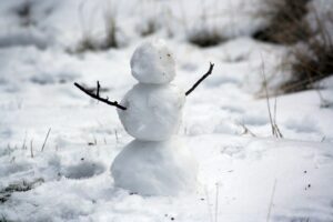 A small snowman with twig arms standing in a snowy yard, symbolizing winter preparation and home winterization tips.