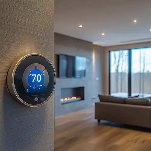 A programmable thermostat mounted on a wall, displaying temperature settings for efficient home heating and cooling.